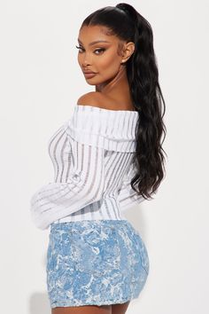 Available In Black And White. Pullover Sweater Long Sleeve Bell Sleeve Off Shoulder Ribbed Disclaimer: Due To The Distressing Process, Each Garment Is Unique Self: 65% Rayon 35% Nylon Imported | Take Your Time Off Shoulder Sweater in White size Small by Fashion Nova White Pullover Sweater, White Pullover, Off Shoulder Sweater, Take Your Time, White Fashion, Shoulder Sweater, White Sweaters, Long Sweaters, Bell Sleeve