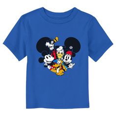 Who knew that dressing "mousey" could be so cute!? Celebrate Walt Disney's most iconic character with this officially licensed Disney Mickey Mouse and Friends Team Together Toddlers' Graphic T-shirt! This unique tee features Goofy, Donald, Mickey, Minnie, and Pluto adorning Mickey's iconic silhouette across the front. Grab some new Mickey and Friends apparel for the youngest members of the family and make their next trip to the Disney parks a memorable one! Disney Style T-shirt With Cartoon Print For Disney Trips, Character Print T-shirt For Disney Fan Events, Themed Mickey Mouse Tops For Disney Events, Blue Mickey Mouse Playful T-shirt, Playful Blue Mickey Mouse T-shirt, Playful Cartoon Print T-shirt For Disney Trips, Themed Blue T-shirt For Fan Merchandise, Blue Mickey Mouse T-shirt For Disney Events, Playful Mickey Mouse T-shirt For Disney Fan Events