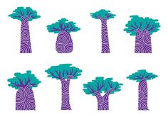 six trees with swirls on them in purple and teal colors, set against a white background