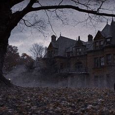 a creepy looking house in the middle of a leafy area with trees and leaves on the ground