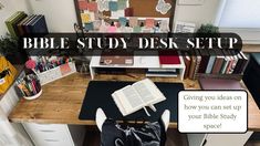 the bible study desk setup is organized and ready to be used