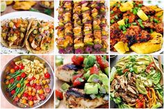 different types of food are shown in this collage, including meats and veggies