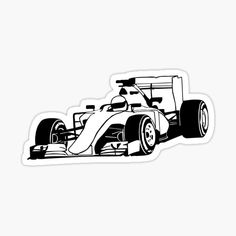 a black and white drawing of a racing car sticker on a white background,