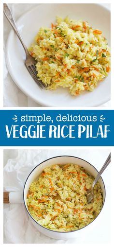 two pictures with different types of rice in them and the words simple, delicious veggie rice pilaf