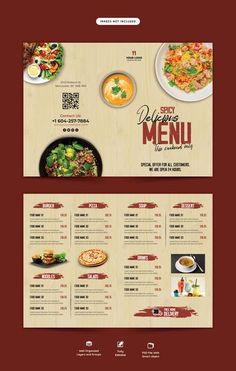 a menu for a restaurant with food items on the side and an image of a plate