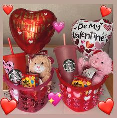 valentine's day decorations including starbucks coffee cups, teddy bears and heart shaped balloons