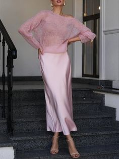 Women Plain Spring/Fall Elegant Micro-Elasticity Daily Long Sleeve Cold Shoulder Regular Off Shoulder Sleeve Sweaters Pink Midi Dress Winter, Styling Satin Dress For Winter, Blush Pink Formal Dress Long Sleeve, Satin Dress With Pullover, Plus Size Silk Dress With Sweater, Chicwish Holiday, Pink Satin Skirt Outfit, Pink Satin Skirt, Pink Skirt Outfits