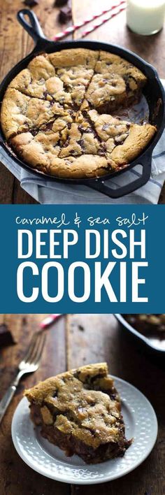 deep dish cookie on a white plate with a glass of milk in the background and text overlay that reads, caramel & sea salt deep dish cookie