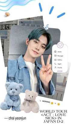 a man with blue hair holding up a peace sign and a teddy bear in front of him