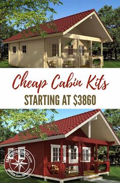 a red and white house with the words cheap cabin kits starting at $ 480