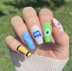 "🎨✨ Discover the unique world of nail art with me, a passionate self-taught nail artist from Bulgaria. I bring your favorite childhood cartoons, iconic movie scenes, popular snack brands, and more to life, right on my nails! Each design, meticulously hand-painted, represents hours of dedication #NailArt #PopCultureNails #DIYNailDesigns #MovieNails #CartoonNails #SnackNails #Handpainted #NailArtist #BulgarianArt #TVSeriesNails #GameNails" Disney Movie Nail Art, Disney Cars Theme Nails, Pixar Nails Simple, Monsters Inc Nails Design, Elemental Nails Disney, Monsters Ink Nails, Monsters Inc Nails Acrylic, Monster Ink Nails, Monster Inc Nails Design