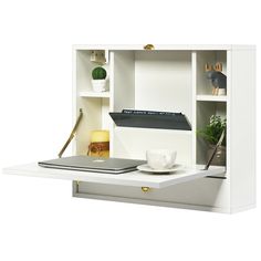 Wall Mounted Folding Laptop Desk Hideaway Storage with Drawer/White - Cool Stuff & Accessories Desk Hideaway, Wall Mounted Computer Desk, Small Apartment Furniture, Drop Down Desk, Wall Mounted Table, Foldable Desk, White Desk Office, Folding Walls, Wall Mounted Desk