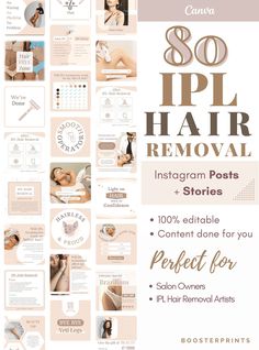 Want to tell the world that you're offering IPL Hair Removal services but not sure where to start? Sure, you can get around simple tools like Canva but making something from scratch is intimidating, and expensive to outsource.  What if you could make your Instagram posts as professional and engaging as if you hired a graphic designer for thousands? Let me help you jump over the hurdle by using my research and design training to get you started.  These IPL Hair Removal Instagram posts will help y Unique Branding, Ipl Hair Removal, Day Spa, Etsy Instagram, Ig Stories, Laser Hair Removal, Esthetician, Instagram Template, Spa Day