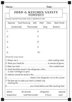 food and kitchen safety worksheet for students to practice their skills on the table