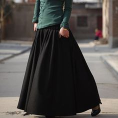 Black skirt wool winter maxi skirt (MM59B) Winter Wool Skirt, Long Circle Skirt, Custom Skirt, Maxi Skirt Winter, Walking Skirt, Maxi Skirt Style, Street Hijab Fashion, Pretty Skirts, Maxi Rok