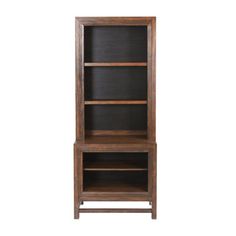 a wooden bookcase with two shelves on the bottom and one shelf below it, against a white background