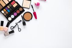 Various cosmetics scattered on table Fre... | Free Photo #Freepik #freephoto #background Healthy Curly Hair, Glossier Nail Polish, Makeup Illustration, Bright Makeup, Pink Cosmetics, Beauty Wallpaper, Lipstick Collection, Skin Foundation