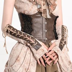 Elevate your steampunk look with these intricately detailed lace-up sleeves. Crafted in a versatile light brown hue, these sleeves feature a stylish lace-up detail that adds a touch of edgy elegance to any outfit.   Please note that this product includes one pair of sleeves only. Gothic Brown Corset For Festival, Brown Fitted Steampunk Corset Belt, Brown Overbust Corset For Festivals, Vintage Brown Corset For Larp, Brown Steampunk Corset Belt, Brown Gothic Corset Belt For Cosplay, Medieval Brown Overbust Corset, Medieval Style Brown Overbust Corset, Fitted Brown Corset Belt For Festivals