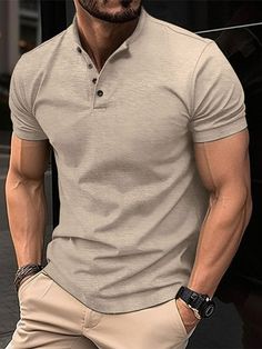 Men's Henley Collar Short Sleeve Polo Shirt in 5 Colors S-XXL Business Shirts Men, Sports Polo Shirts, Mens Henley, Top Streetwear, Van Halen, Business Shirts, Tee Shirt Homme, Summer Outfits Men, Men Shirt Style