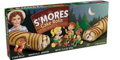 the smores cake rolls box is full of cartoon characters, including two women and one man