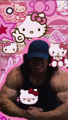 an image of a man with muscles and hello kitty stickers on his shirt,