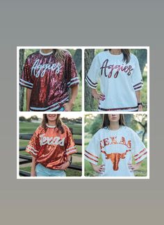 White Aggie shirt only, now 50% off!  Message to receive discount code before ordering! Texas Sequins short sleeve shirts.  These are made for a one size fits most, refer to pictures for scaling size (tallest model is 5"11, wears medium to large top.  Shes wearing all maroon. Shortest model is 5'1 in the white Texas, size S).  These were made to give off an "over sized" look; Fits S-L best although will fit up to an XL based on measurements. If you are unsure if it is right for you, here are the White Short Sleeve Top For Fall, White Stretch School Spirit Top, White Stretch Tops For School Spirit, White Stretch Tops For Game Day, Fitted Short Sleeve Top For Fan Merchandise, Fitted Short Sleeve Tops For Fans, White Short Sleeve Shirt For Fall, Spring Short Sleeve T-shirt With Team Spirit, Spring Team Spirit Short Sleeve T-shirt