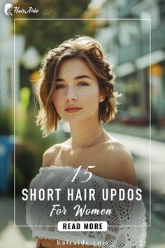 Elevate your style with chic and easy updos perfect for short hair. 💇‍♀️✨ #ShortHairUpdos #HairstyleInspo Bob Hair Upstyles, Medium Short Hairstyle Women Updo, Updo For Short Bob, Short Hair Partial Updo, Wedding Guest Updos For Short Hair, Braided Updo Short Hair, Partial Updos For Short Hair, Easy Wedding Guest Hairstyles Short Hair, Short Hair Updos For Wedding