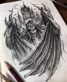 a drawing of two skulls with wings and a castle in the background, on top of a notebook