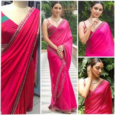 Hello, this is a royal satin saree with hand embroidered border all around it. it comes with the blouse which has a back lace up tie option. you can feel free to reach out to me anytime for any queries if you need to change the blouse designs or add on the sleeves and anything you wish. I would love to customise it to as per your needs. Please share it on etsy messages.  We request customers to dry clean the saree before wearing it to the main events. Item details-:  Designer royal Silk Saree Wi Elegant Pink Pre-draped Saree With Embroidered Border, Traditional Pre-draped Satin Saree With Cutdana, Traditional Designer Satin Saree, Bollywood Style Pre-draped Saree With Border, Elegant Blouse Piece With Embroidered Border For Puja, Elegant Embroidered Blouse Piece For Puja, Elegant Embroidered Border Blouse Piece For Puja, Embroidered Satin Saree, Traditional Satin Pre-draped Saree For Diwali