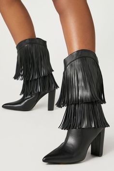 Fringe Block Heel Boots Spring Fringe Boots With Pointed Toe, Chic Fringe Boots For Party, Chic Fringe Boots For Winter, Party Boots With Fringe And Pointed Toe, Pointed Toe Party Boots With Fringe, Trendy Boots With Tassels For Fall, Fall Party Mid-calf Boots With Stacked Heel, Spring Party Mid-calf Boots With Stacked Heel, Party Faux Leather Heeled Boots With Stacked Heel