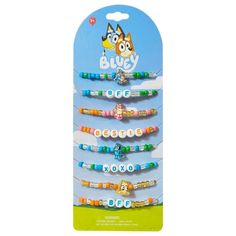 This Bluey BFF bracelet multipack is great for party favors or everyday wear. Each bracelet has a different design with plastic beads. Some bracelets have the Bluey Characters as a charm or have beads that spell out BFF, Bestie, and XOXO. Each one has diffrent colors for each of your Bluey Fanatics. Stretch band so one size fits most. Color: Blue. Playful Blue Beaded Bracelets For Birthday, Blue Bracelets With Colorful Beads For Birthday, Blue Letter Beads Friendship Bracelet For Birthday, Trendy Blue Beaded Bracelets For Birthday, Bluey Bracelets, Bluey Characters, Bff Bracelet, Bff Bracelets, Kitty Wallpaper