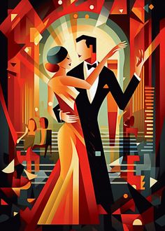 a man and woman are dancing in an art deco poster