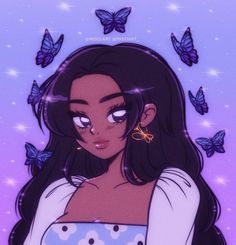 an animated image of a woman with butterfly wings on her head and eyes, in front of purple background