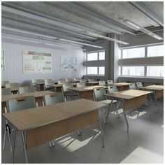 an empty classroom with desks and chairs