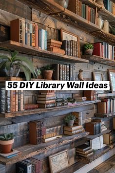 the bookshelves are filled with many different types of books and planters on them