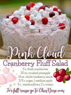 a pink cloud cranberry fluff salad recipe with cherries and marshmallows