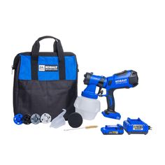 a blue and black cordless drill with tools in it on a white background next to a tool bag