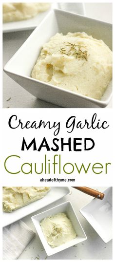 creamy garlic mashed cauliflower in a white square dish with text overlay