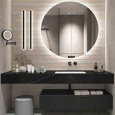 a bathroom with a sink, mirror and stool