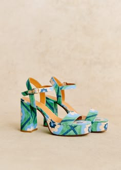 High-heeled sandals;Made in our Portuguese atelier;Buckle ankle strap fastening system;Textile exterior;Leather lining and insole;Rubber outsole;Leather-covered heel;Heel height: 10 cm / 3.9 in;Platform height: 3 cm / 1.2 in Farfetch Shoes, Fun Wedding Shoes, High Sandals, Colorful Heels, Fun Heels, Priscilla Presley, Blue Heels, Sheep Leather, Rimini