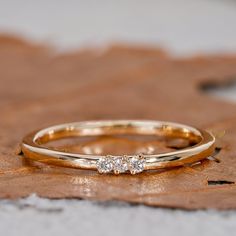 three stone diamond ring sitting on top of a brown piece of leaf covered ground next to it's edge