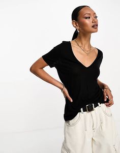 ASOS DESIGN relaxed v-neck t-shirt in black | ASOS Trendy Black V-neck Top For Summer, Modern Relaxed Fit V-neck Top, Trendy Black V-neck T-shirt, Black V-neck T-shirt For Summer, Trendy V-neck T-shirt Relaxed Fit, Modern Black V-neck Top, Black V-neck T-shirt With Relaxed Fit, Black Relaxed Fit V-neck T-shirt, Winter Party Dress