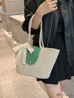 BirdinBag - Chic Silk Scarf-Adorned Straw Tote: Spacious & Elegant Vacation Essential Casual Green Bucket-shaped Bag, Casual Green Bucket Shaped Bag, Elegant Green Summer Bag, Green Large Capacity Bucket Bag, Elegant Green Beach Bag, Straw Tote, Bags Tote, Shoulder Tote Bag, Shoulder Tote