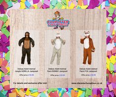 three different costumes are shown in front of colorful confetti paper and one is wearing a monkey costume