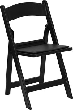 a black plastic folding chair on a white background