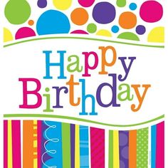 happy birthday card with colorful stripes and dots