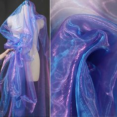 How To Draw Iridescent Fabric, Iridescent Organza Dress, Irridecent Fabric, Purple And Blue Clothes, Iridescent Blue Dress, Purple And Blue Wedding Dress, Iridescent Outfit Holographic Fashion, Irredescent Wedding, Organza Fabric Texture