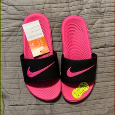 Brand New Never Worn Nike Kawa Youth Slides, Size 3y Pink Casual Slides With Round Toe, Sporty Pink Slides With Round Toe, Casual Pink Sports Slides, Pink Round Toe Casual Slides, Sporty Pink Slides For Spring, Pink Sporty Slides With Round Toe, Casual Pink Sneakers For The Beach, Casual Pink Sneakers For Beach, Comfortable Pink Slides