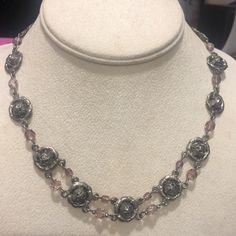 This Is An Original Robert Rose Necklace From The Early 90s And It Is Still New With Tags. It Has Been Packed Away From My Mom’s Original Boutique. It’s Perfect For Anytime. A Must Have For Valentine’s Day. Antiqued Silver Finish And Pale Pink Crystals. Can Be Worn As A Choker Or A 16” Necklace (2) Vint Bx C Formal Silver Jewelry With Rose Details, Silver Metal Jewelry With Rose Design, Silver Metal Necklace With Rose Design, Silver Rose Design Metal Necklace, Silver Rose Design Necklace, Elegant Silver Necklace With Rose Design, Vintage Silver Jewelry With Roses, Silver Necklace With Rose Design, Silver Rose Design Jewelry For Formal Occasions