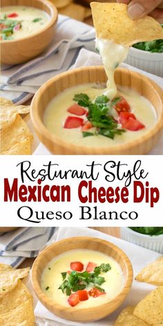 mexican cheese dip recipe with tortilla chips and salsa in the bowl, ready to be eaten